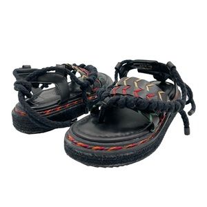 Farm Rio Sand Rope Tie Platform Sandals, Black Vegan Leather, Size 7